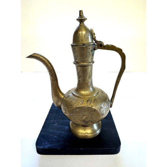 Vintage Etched Brass Pitcher 6" Ewer, Aftaba-Intricate Engravings Made in India - Picture 2 of 7
